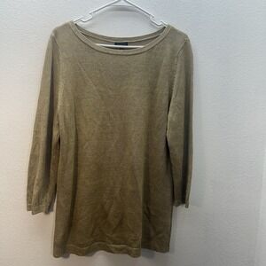 Talbots Womens L Knit Top Beige 100% Linen Top 3/4 Sleeves Minimalist High Neck